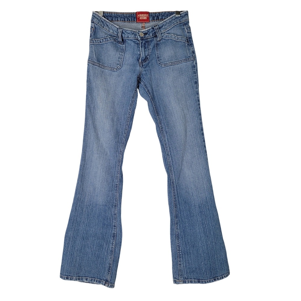 Vintage Guess Flare Jeans Womens 26 Blue Low Rise Patch Pocket Distressed Y2K